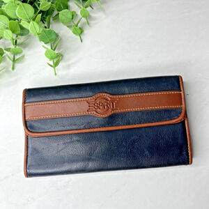 Vtg Esprit dark blue tan Tri‎ Fold Leather Wallet pebble textured 4x7
